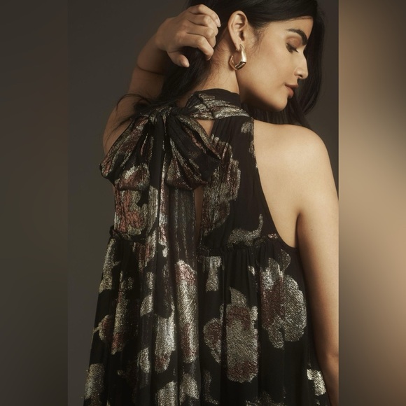 MAEVE NWT | Anthropologie Halter Shine Swing Mini Dress Black Gold Silver - Picture 4 of 13